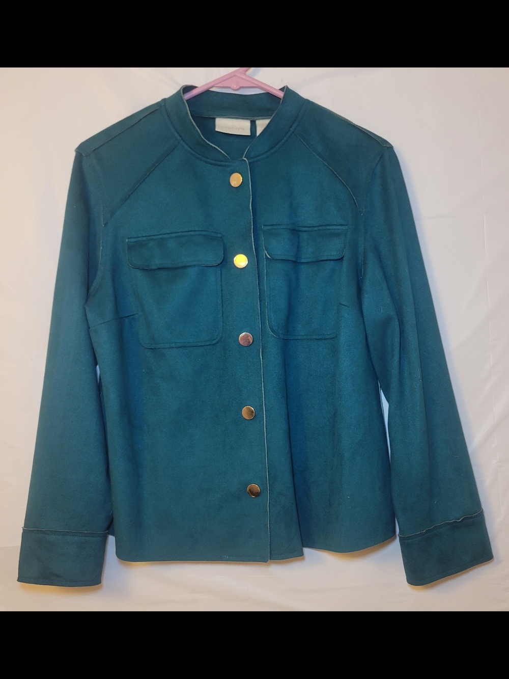 Chico's Teal Collarless Utility Jacket with Gold-Tone Buttons
